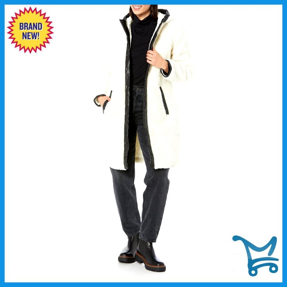Sherpa Quilted Long Hooded Parka Jacket with Faux Leather Trim